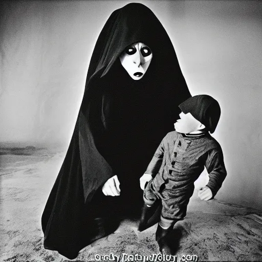 Image similar to portrait of nosferatu playing with his kid, realistic detailed photography, kodak 5 2 1 9 film, 5 0 mm lens