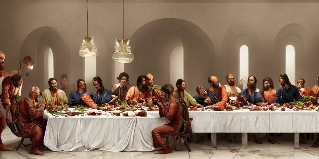 Image similar to !13 hungry cannibals making a rich salad around a marble table, !positioned as last supper cinematic lighting, dramatic framing, highly detalied, 4k, artstation, by Rene Lalique and Wayne Barlowe