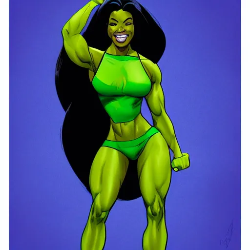 Prompt: Actress Gabrielle Union as She-Hulk, smiling, poster framed, comic pinup style, sports illustrated, detailed legs, artstation, illustration, posterized, Roge Antonio, Jen Bartel