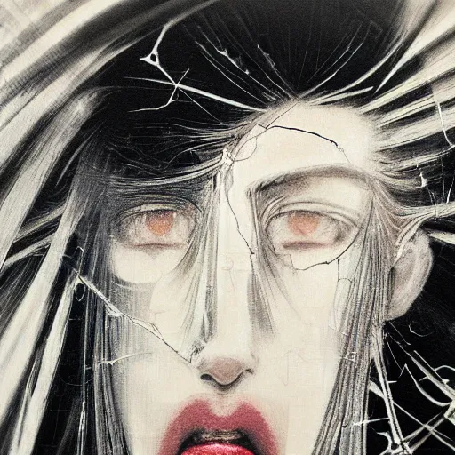 Image similar to yoshitaka amano blurry realistic illustration of an anime girl with white hair and cracks on her face wearing dress suit with tie fluttering in the wind, abstract black and white patterns on the background, upside down cross earring, noisy film grain effect, highly detailed, renaissance oil painting, weird portrait angle