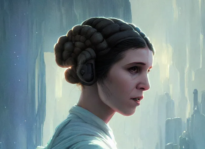 Prompt: highly detailed vanishing - closeup of princess leia, in gta v, stephen bliss, unreal engine, fantasy art by greg rutkowski, loish, rhads, ferdinand knab, makoto shinkai and lois van baarle, ilya kuvshinov, rossdraws, tom bagshaw, global illumination, radiant light, detailed and intricate environment