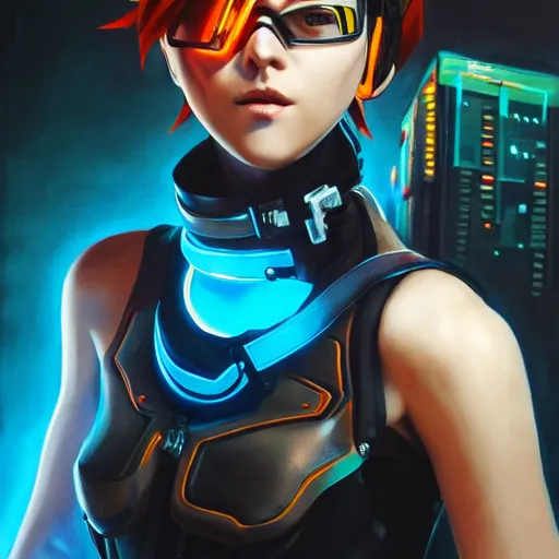 Image similar to oil painting of cyberpunk tracer overwatch in a field wearing very large black leather belt choker collar around neck, in style of mark arian, expressive face, very detailed face, very detailed eyes, full body, feminine face, detailed makeup on eyes, tracer overwatch,