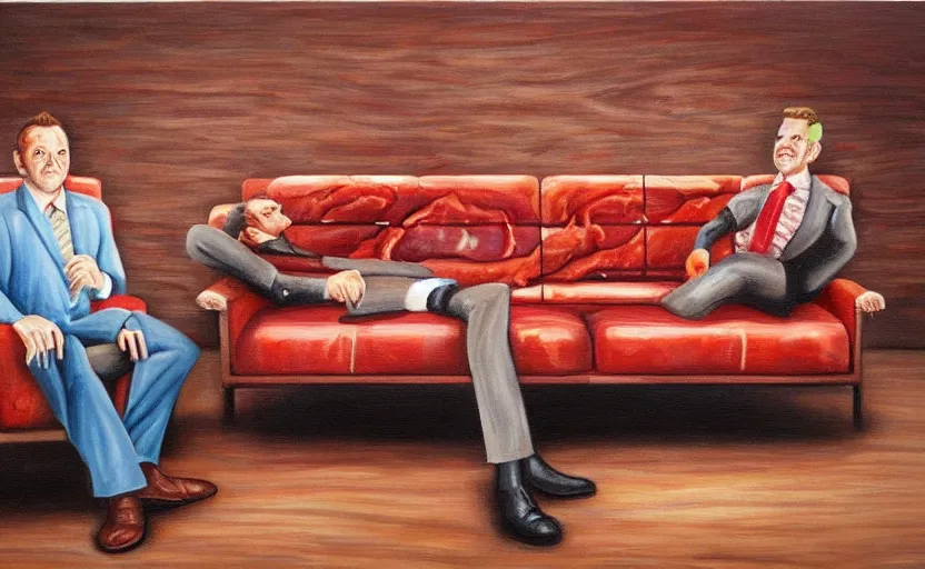 Image similar to realistic painting of couch made out of meat, business men sitting on couch made out of meat and talking, meat couch, meat couch,