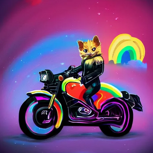 Image similar to wide angle full body, jacket wearing fluffy cute rainbow kitten wearing a black leather motorcycle jacket, riding on a motorcycle, cinematic concept art