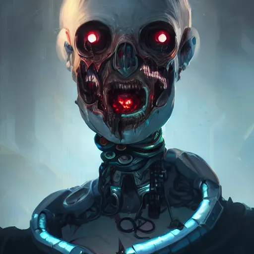 Image similar to portrait of a horrific cybernetic zombie, cyberpunk concept art by pete mohrbacher and artgerm and wlop and greg rutkowski and deathburger, digital art, highly detailed, intricate, sci-fi, sharp focus, Trending on Artstation HQ, deviantart, unreal engine 5, 4K UHD image