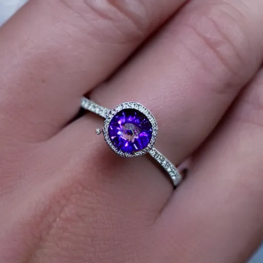 Image similar to a beautiful engagement ring on the hand of a woman, made out of shiny silver, the ring is engulfed in purple fire, high quality, photo realistic, detailed, 8k