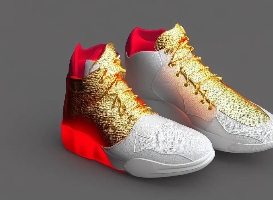 Image similar to realistic 3 d render of a futuristic sneaker, beautiful studio lighting, soft, sharp focus, neon glowing lines, intricate detail, gold and red leather, soft white rubber, shiny plastic, hexagon mesh, gold filigree, octane render, side view, close up, trending on artstation, deviantart, nike, reebok, salomon