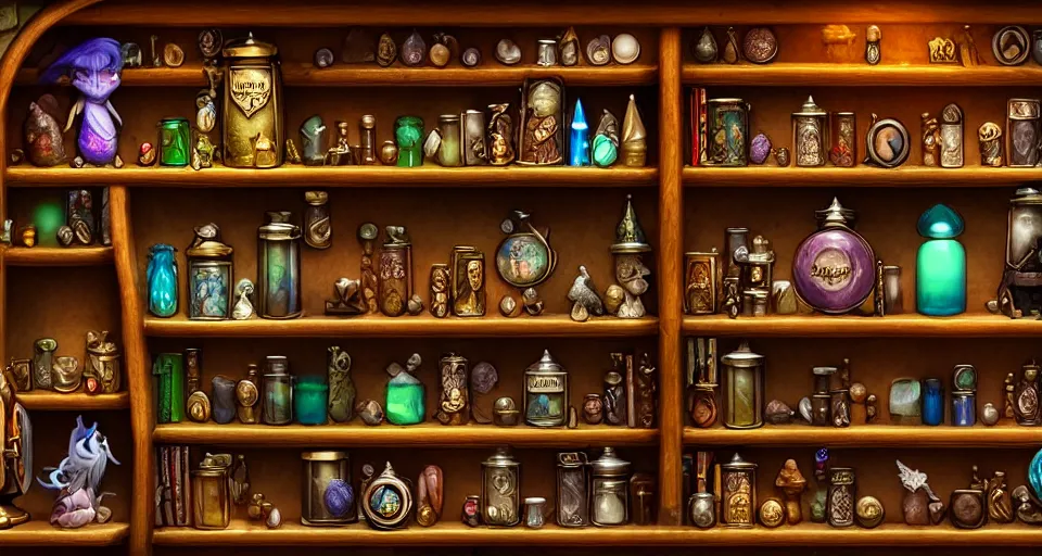 Image similar to a bookshelf of wonderful magical creatures, located in a wizard's shop, full of trinkets and magical potions flasks vials, bubbling liquids, smoking vessels, detailed, 4 k