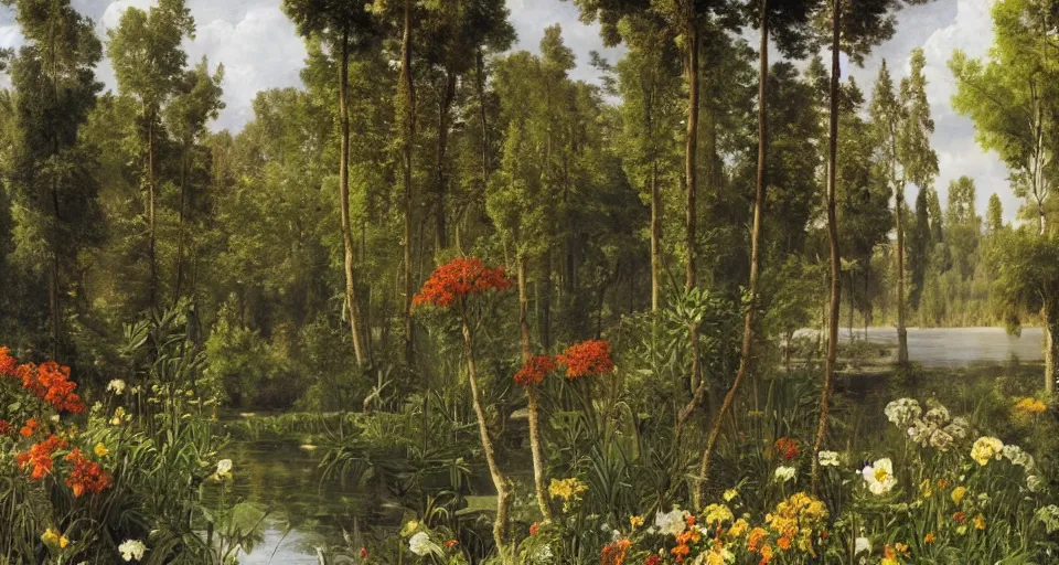 Image similar to atlas texture map megascans, flowers by the lake with forest in background, white background illustrated by eugene von guerard, ivan shishkin, john singer sargent