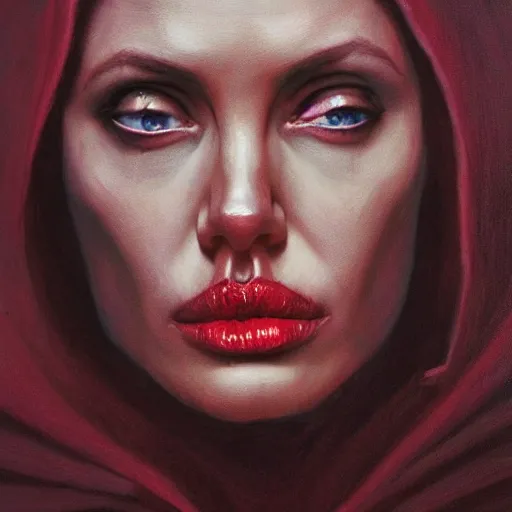 Image similar to portrait of Angelina Jolie with red glowing eyes in hood and crown of thorns, dark fantasy, Warhammer, artstation painted by Zdislav Beksinski and Wayne Barlowe