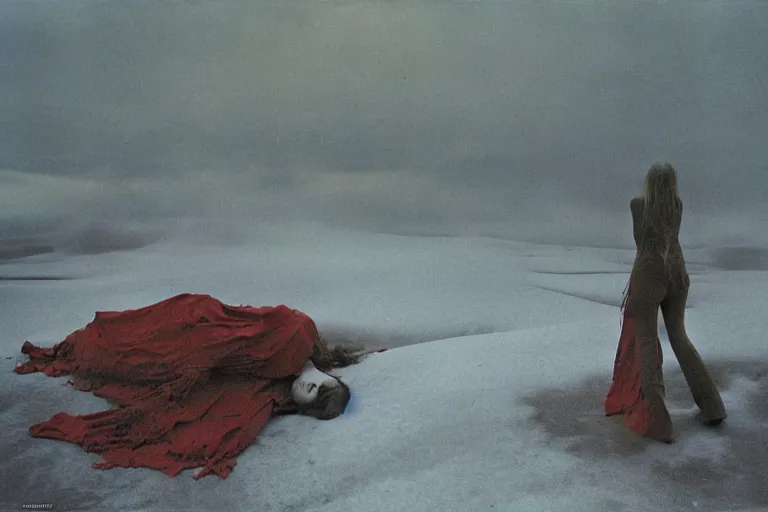 Image similar to a surrealist painting of a lonely woman with pale skin and red hair, standing over pile of bodies in post apocalyptic snowy landscape, painted by zdzisław beksinski and salvador dali