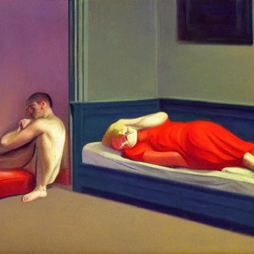 Image similar to a stable diffusion user refusing to sleep even though he can ’ t feel his eyes. in the style of regret and edward hopper. goodnight dreamers 👋💤.