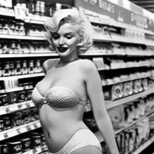 Image similar to marylin monroe in bikini in a grocery store in 2 0 2 2