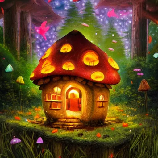 Prompt: little mushroom house with doors and windows magical forest landscape with fireflies, detailed luminescent painting 4 k