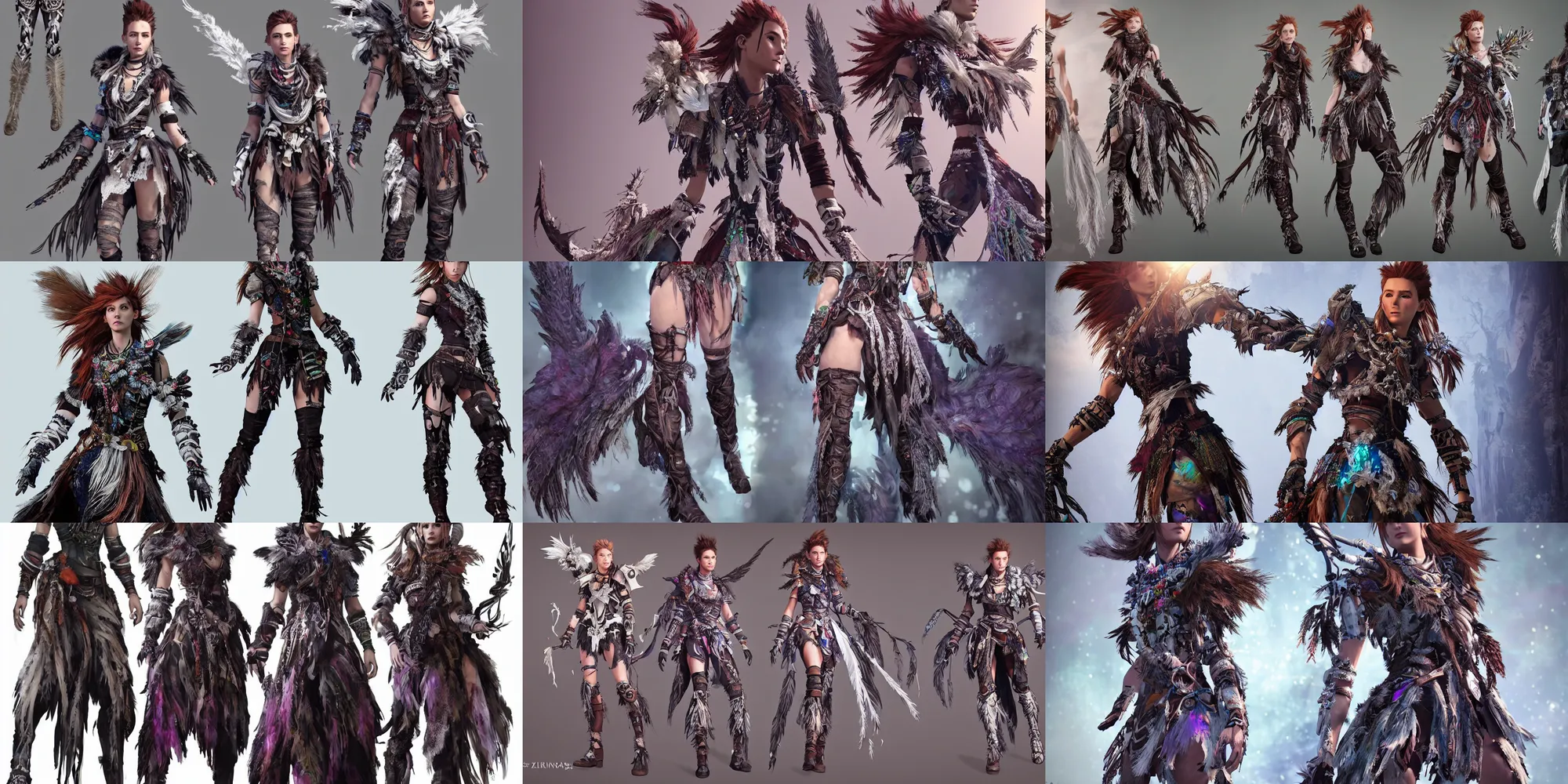 Prompt: Realistic and highly detailed character and fashion spot illustrations from the Horizon Zero Dawn 2 and Final Fantasy 13 crossover, full-body, dynamic poses, diaphanous iridescent silks, knee-high boots, vests and corsets, bloom, god rays, cinematic lighting, intricate crystalline and feather jewelry, ornate, filigree, by Legend of the Cryptids, by Sakimichan, by Artgerm, by WLOP, by Alphonse Mucha, by Bouguereau, fantasy, portfolio illustration, highly detailed, trending on Artstation, CGsociety, rendered in Octane, rendered in Arnold, HQ, 8k, 35mm lens, f2.8, Bokeh,