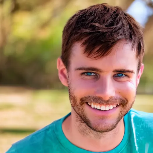 Prompt: Male with brown hair wearing a blue t shirt, green eyes and a cute smile on his face, Realistic, HDR, Clear Image, HDD,