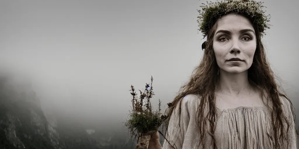 Prompt: portrait photography of flying tyrolean farmer witch, fog from mouth, roots and edelweiss growing from head, goddess, holy pose, dolomites in background, clothes made from hay, desaturated, fog, wicca, dark, eerie, grainy