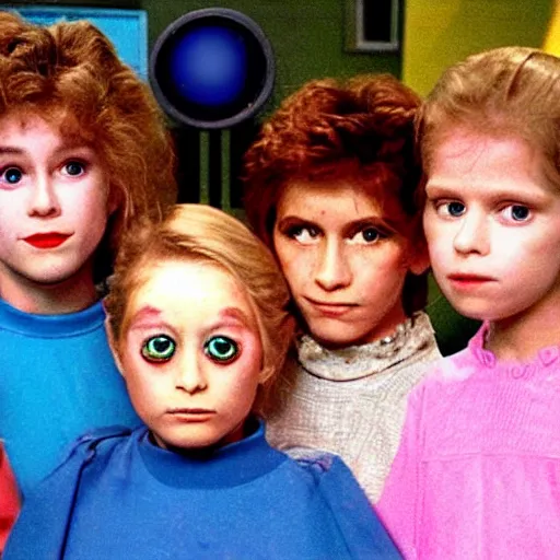 Image similar to still from 1983 live-action children's tv show about a girl who enters an eyeball cult color