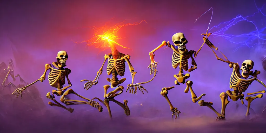 Image similar to skeletons, they are in front of a desk working on a new dark spell that is casting out flowing energy, colorful, flowing energy, light rays, medium shot, waist up, sharp, concept art, highly detailed, bloom, dramatic lighting, cinematic, by dreamworks