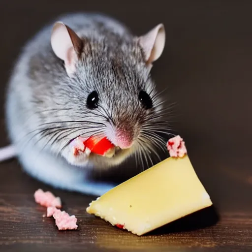 Image similar to a small blue mouse eating a piece of red cheese