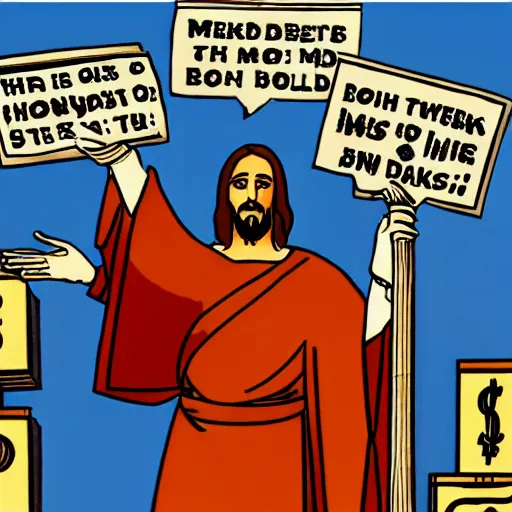 Image similar to Jesus Christ controlling banks with marionette strings, halo of dollar bills, political cartoon,