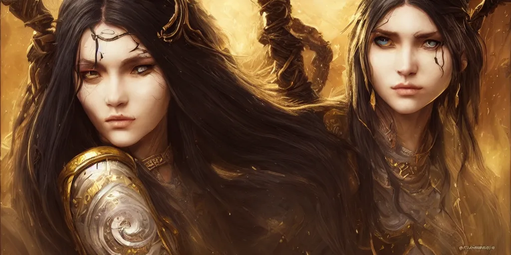 Image similar to a young beautiful priestess with long black hairweaving golden strings of magic, barroque painting, ultra realistic. cinematic, dynamic. magic the gathering style. epic fantasy, insanely detailed, 4k, symmetrical face, rpg character reference. gourgeous.