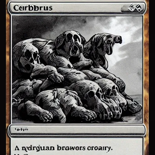 Prompt: Cerberus guarding a pile of skulls