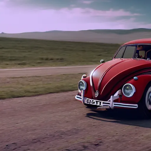 Image similar to promotion movie still of a ( volkswagen beatle ) car is a hybrid of an insect lady bug. the hybrid is racing down a dusty back road. cinematic, 4 k, imax, 7 0 mm