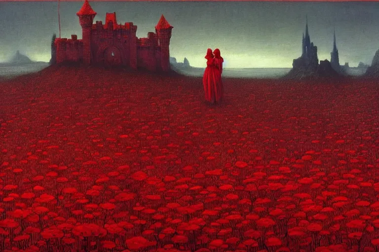 Image similar to only with red, red flowers of different types, a castle in the background, red orcs and trolls dance over the flowers, in the style of beksinski, part by hopper, part by rodcenko, part by hofbauer, intricate composition, red by caravaggio, insanely quality, highly detailed, masterpiece, red light, artstation, 8 k