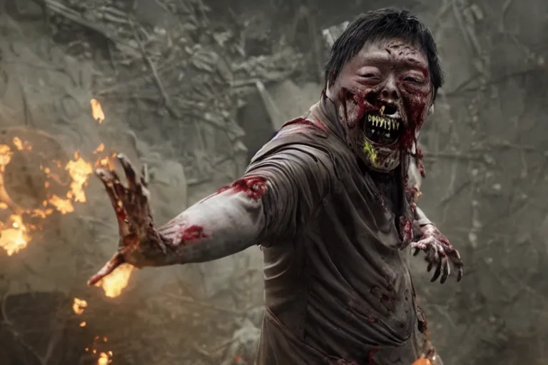 Image similar to film still of zombie zombie Benedict Wong as a zombie in full robes opening a sling portal in new avengers movie, 4k