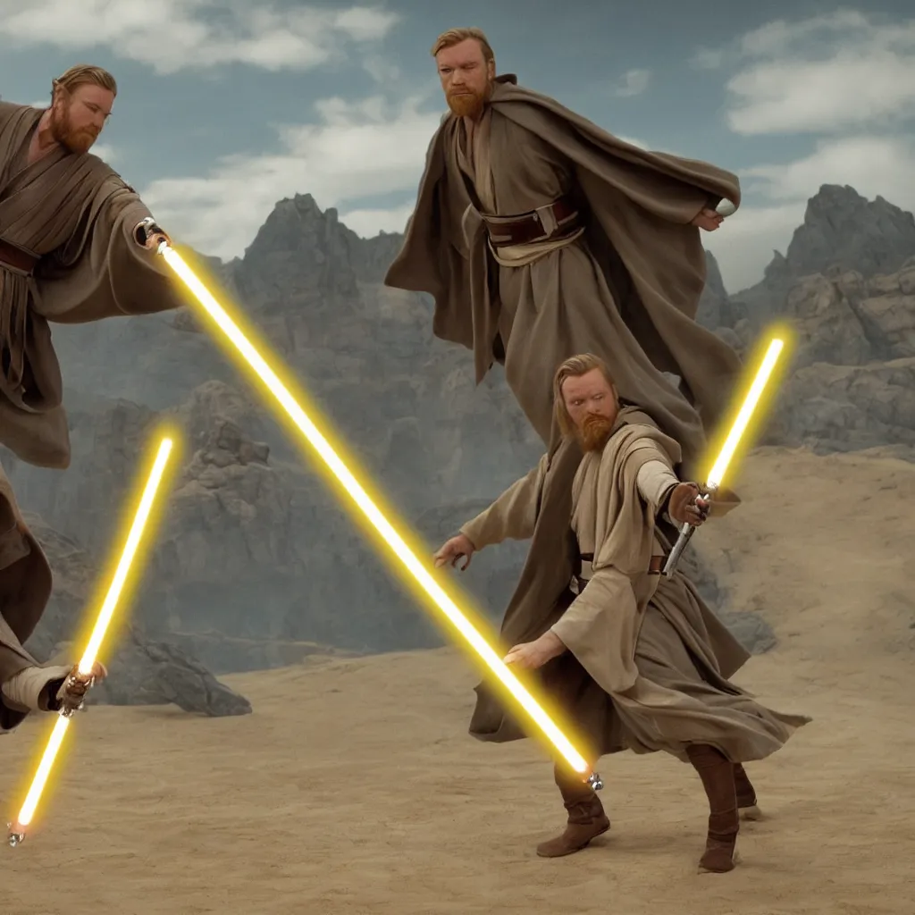 Prompt: Alex Guinness as obi wan kenobi fights Ewan McGregor as obi wan kenobi in a lightsaber-duel, alien landscape in the background