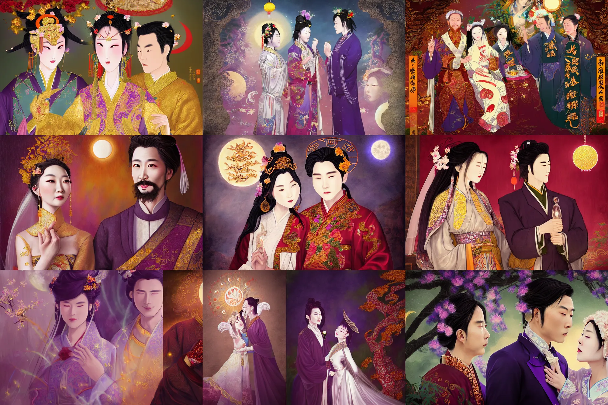 Prompt: a cinematic portrait of wedding photograph jpeg close up moment of a divine a china sun god and moon goddess lovers magician at a wedding banquet, wuling medieval china, portraiture. digital painting. artstation. concept art. wedding photo. digital painting. violet evergarden art masterpiece by art by krenz cushart