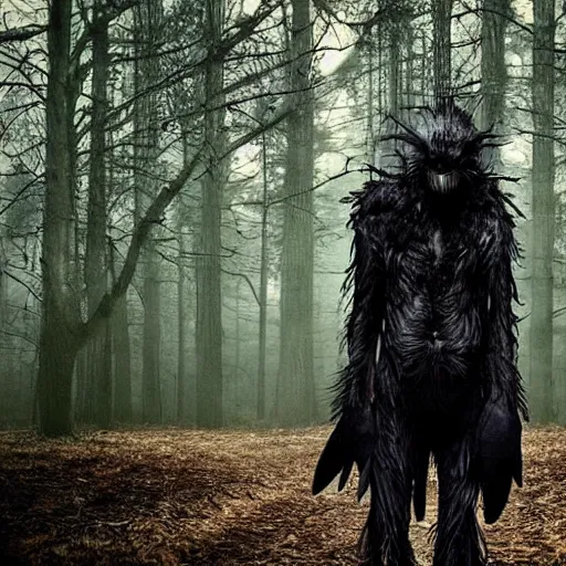 Image similar to !! werecreature consisting of a crow and a human, photograph captured in a dark forest