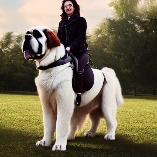 Image similar to girl riding giant saint Bernard in the park, trending on artstation