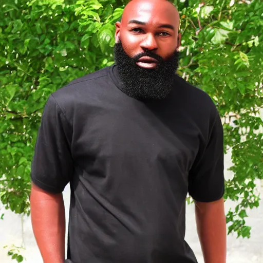 Prompt: a black man without air, black rapper beard, black shirt, jean
