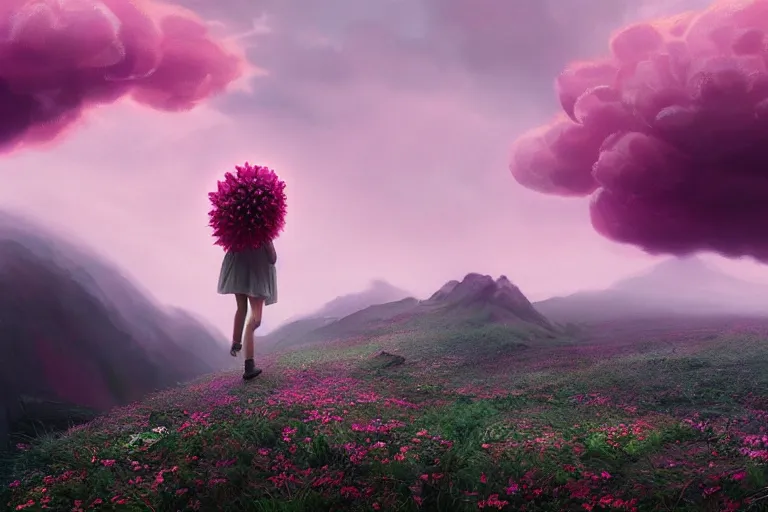 Prompt: giant dahlia flower as the head, girl walking on mountain, surreal photography, pink storm clouds, dramatic light, impressionist painting, digital painting, artstation, simon stalenhag