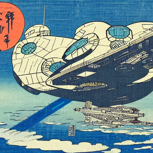 Image similar to millennium falcon attacking new york in the style of ukiyo - e