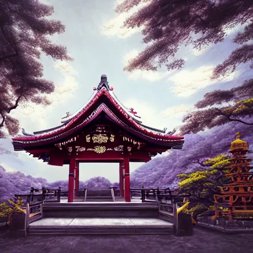 Prompt: traditional shinto temple, bizzaro, baroque, renaissance, by emedios varo and anato finnstark and fenghua zhong, hyperrealism, 4 k 8 k, 3 d, hyperrealism, masterpiece, texture, captivating, awe inspiring