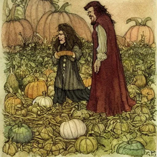 Prompt: a watercolor and ink illustration of hagrid and harry in a pumpkin patch by arthur rackham and edmund dulac