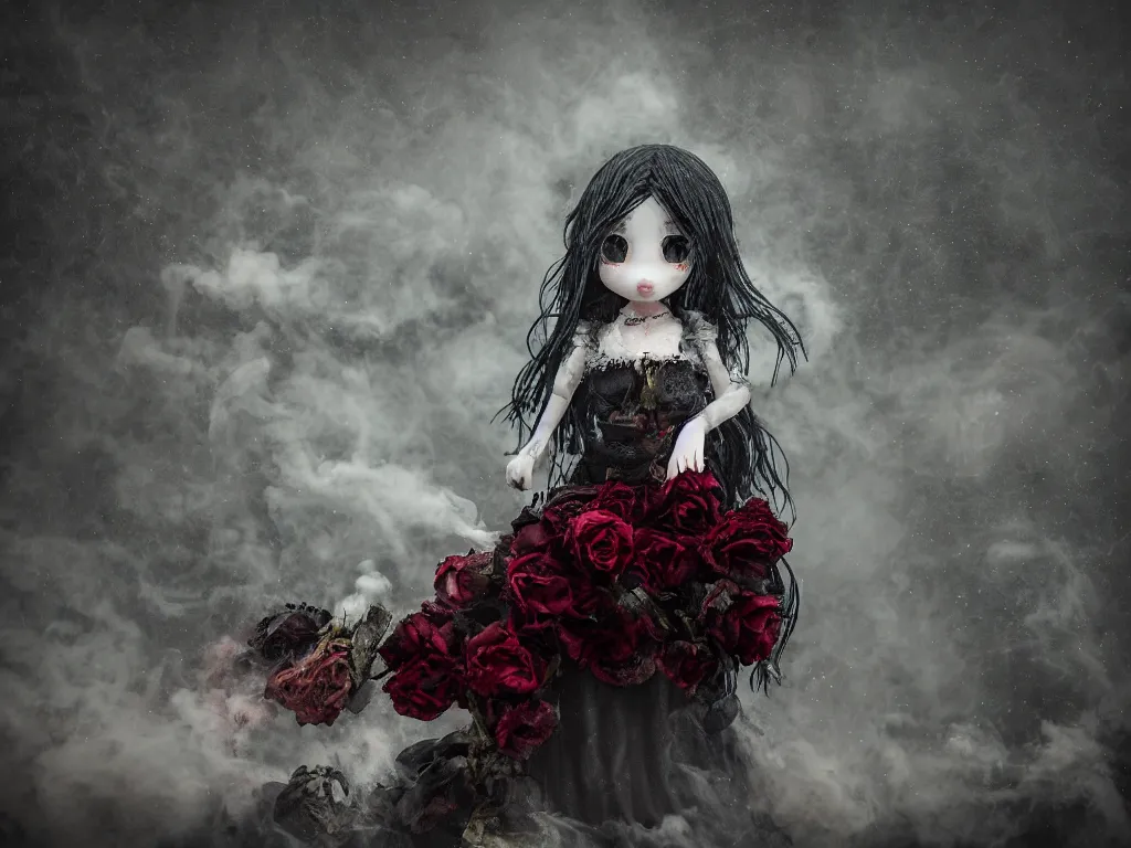 Prompt: cute fumo plush of a gothic maiden girl clutching lots of decayed roses, stale twilight, swirling vortices of emissive smoke and volumetric fog over the river, bokeh, 5 0 mm, vignette, vray