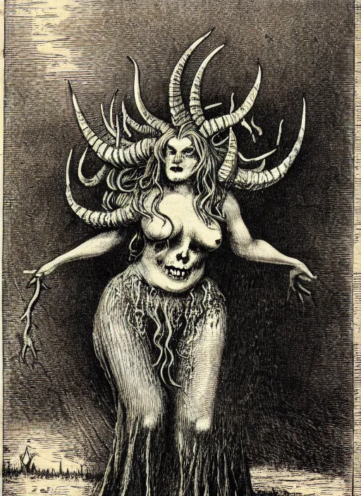 Prompt: ursula the sea witch as a demon from the dictionarre infernal, etching by louis le breton, 1 8 6 9, 1 2 0 0 dpi scan, ultrasharp detail, clean scan