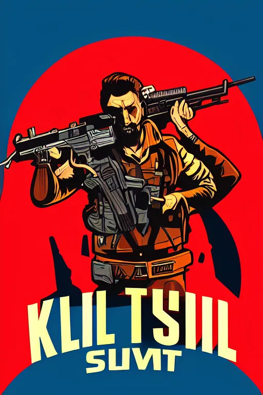 Image similar to kill to survive, shoot to kill logo. pop art, no duplicate image, glowing lights, highly detailed, digital painting, artstation, concept art, smooth, sharp focus, illustration, art by richard hamilton and mimmo rottela