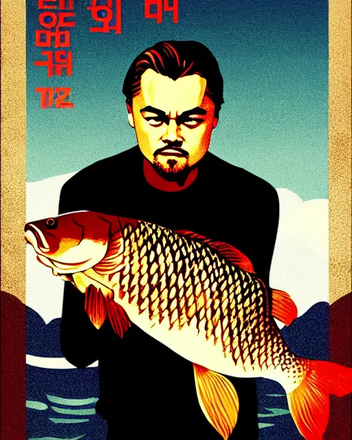 Image similar to photograph of leonardo dicaprio holding a carp in his both hands. movie poster, illustration by bartek fedyczak, erak note, tooth wu, neil richards, kan liu, siwoo kim, jisu choe, trending on art station