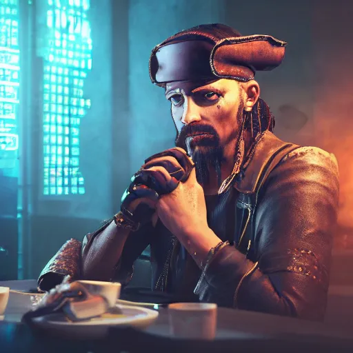 Image similar to a high quality portrait of a gritty pirate in a cyberpunk cyberpunk cyberpunk cafe, realism, 8k, award winning photo