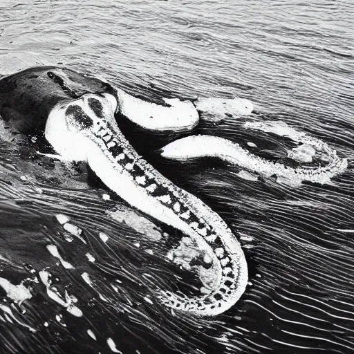 Prompt: award-winning, black and white photograph of a sea monster, extremely detailed