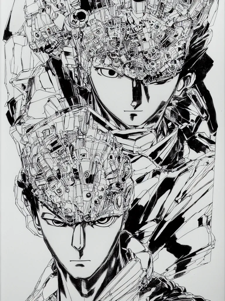Image similar to prompt: Fragile looking portrait, portrait face drawn by Katsuhiro Otomo, accurate full body character drawing, inspired by Evangeleon and Akira 1988, cyborg and wire details, clean ink detailed line drawing, intricate detail, manga 1990, golden ration composition