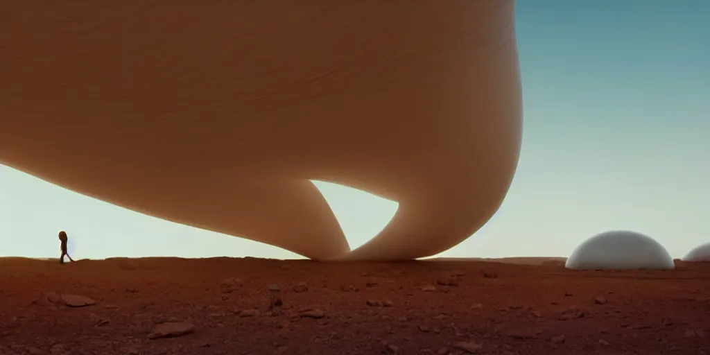 Prompt: a strange huge translucent pvc inflated organic architecture building white by jonathan de pas sits in the planet mars landscape, golden hour, film still from the movie directed by denis villeneuve with art direction by zdzisław beksinski, close up, telephoto lens, shallow depth of field