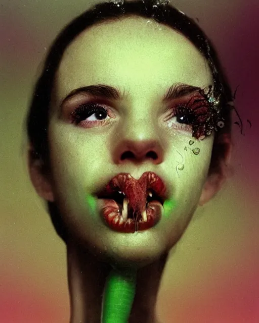 Image similar to hyperrealistic surreal venus fly trap luscious lips creepy wet tongue photography medium format portrait civil war