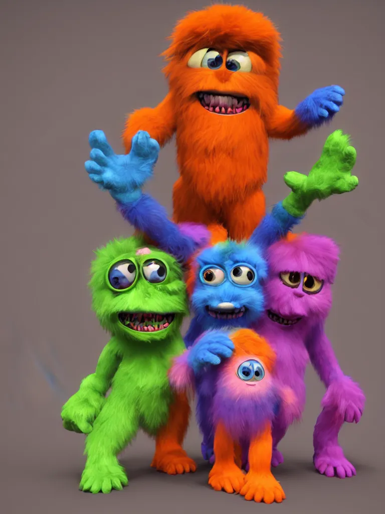 Image similar to smiling colorful furry monster toys each with gloved hands on their arms and boots on their feet and two big round eyes aligned horizontally, 3D model unreal engine highly detailed rendered in pixar renderman