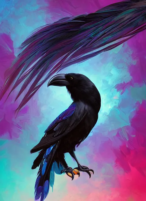 Prompt: beautiful black raven bird with long turqoise feather highlights, cute, intricate, highly detailed, digital painting, trending on artstation, concept art, smooth, sharp focus, backlit, rim light, vivid colors, illustration, unreal engine 5, 8 k, art by rossdraws and alphonse mucha